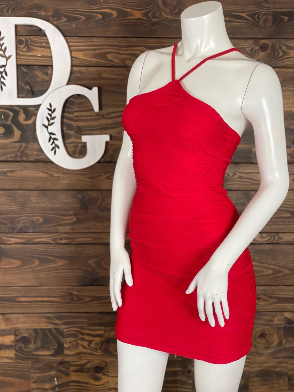 Hot Gal | Ruched Ribbed Wavy Red Strappy Bodycon Mini Dress Halter Neck Strappy